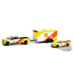 2019 Ford F-350 Lariat and 2021 Ford Mustang Mach 1 Shell Oil #21 with Enclosed Shell Oil Car Hauler Racing Hitch & Tow Series 3