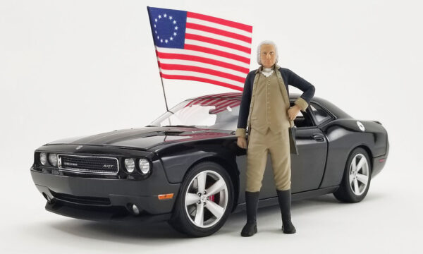 2010 Dodge Challenger SRT8 con figura George Washington y bandera Autos y Libertad